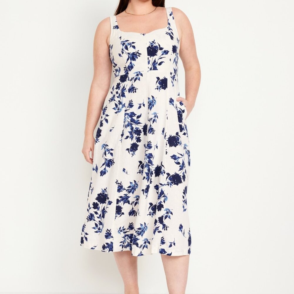 (NWT) Old Navy - blue floral linen blend fit & flare midi dress (large) - Picture 4 of 5